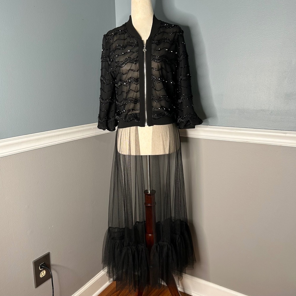 Hush long Black Embellished tulle Bomber Jacket Sheer Duster Ruffle‎ Trim Medium
